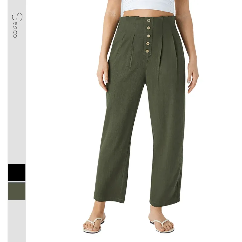 Damen Hochtaillierte Bundfalten-Leinenhose mit dekorativer Knopfleiste – Avérine