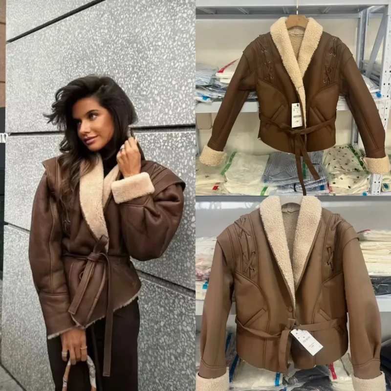 Damen taillierte Kunstlederjacke mit Sherpa-Futter, Wickelgürtel und seitlichen Schnürdetails – Célinea