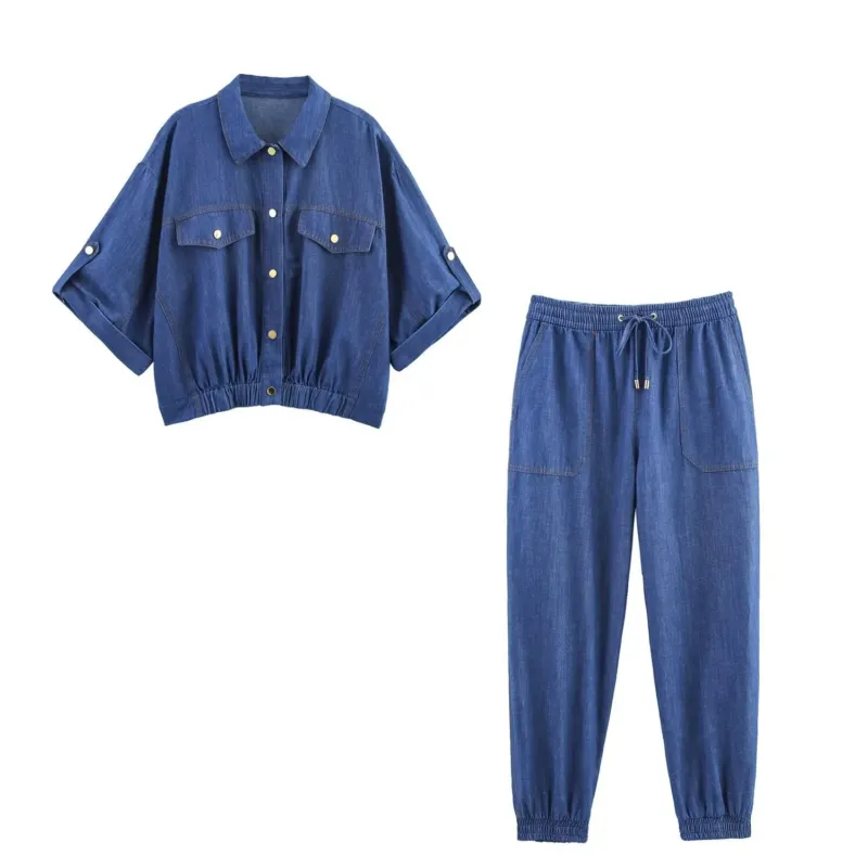 Damen lässiges Denim-Set mit Crop-Bluse und elastischen Hosen – Élanora