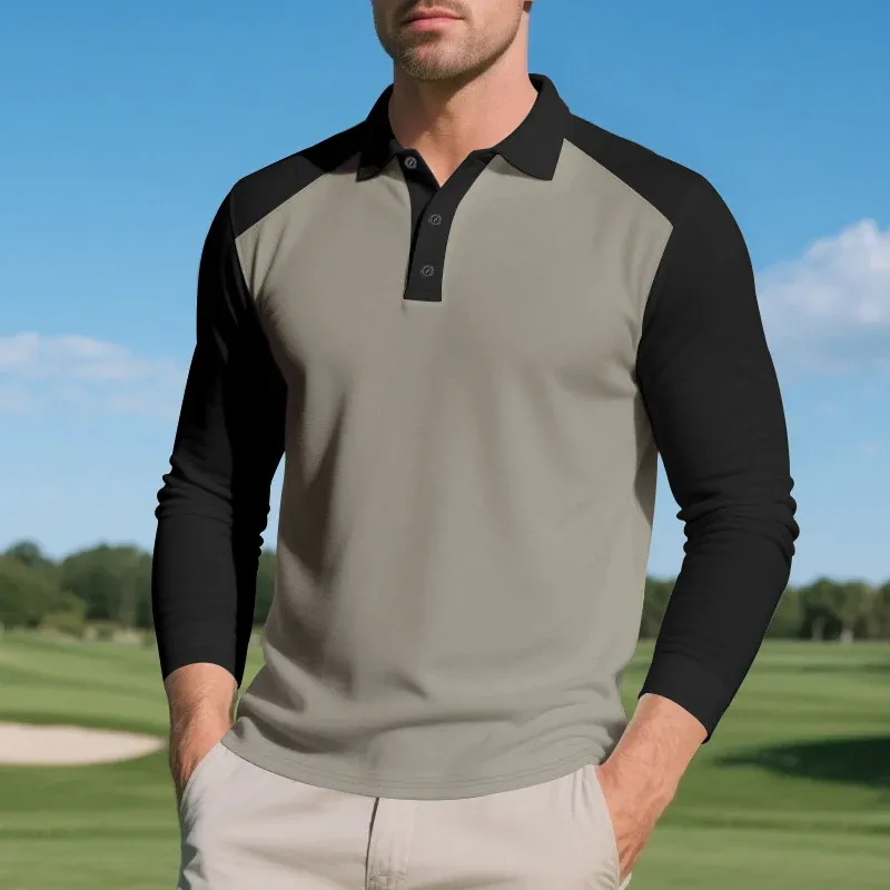 Herren Polohemd mit langen Ärmeln und modernem Farbkombinationsdesign – Cavello