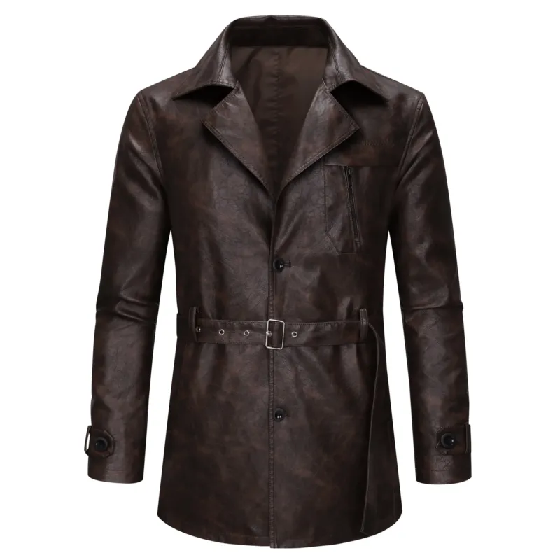 Herren modische Kunstlederjacke mit verstellbarem Gürtel und praktischen Taschen – Valtoré