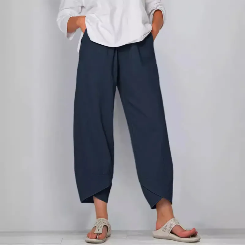 Damen weit geschnittene Leinenhose mit Tulpen-Saum und elastischem Bund – Avélisse
