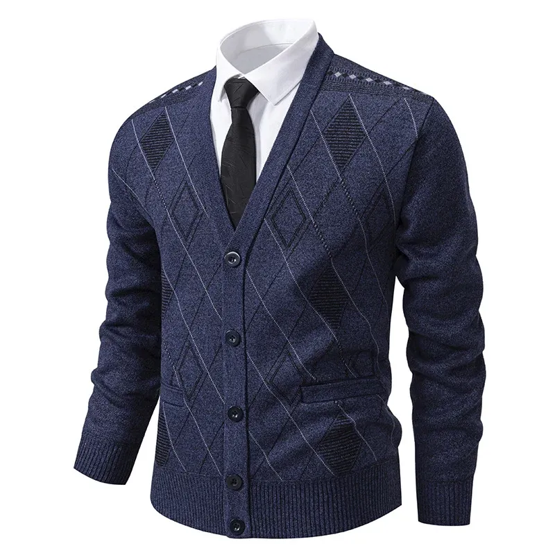 Herren feiner Rauten-Strickcardigan mit V-Ausschnitt, Knopfleiste und Eingriffstaschen – Terenzo