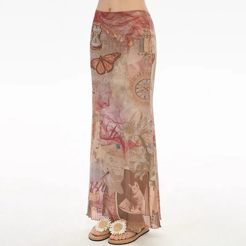 Damen Eleganter, transparenter Maxirock mit künstlerischem Druck und fließendem Schnitt – Valéora