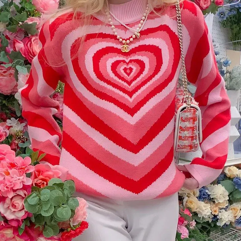 Damen oversized Strickpullover mit Herz-Intarsie und Chevron-Muster – Mavelle