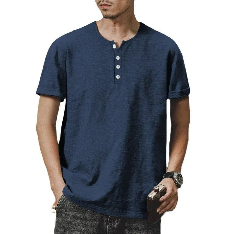 Herren hochwertiges Kurzarm-Henley-T-Shirt mit modischen Knöpfen und bequemer Passform – Marzano
