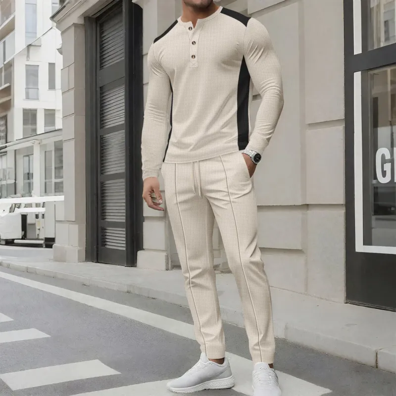 Herren Freizeitanzug mit elegantem Henley-Oberteil und komfortablen Jogginghosen – Marzano
