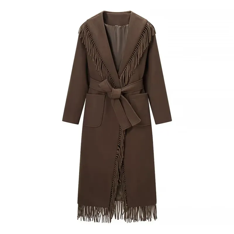 Damen langer Fransenmantel mit voluminösem Schalkragen, Taillengürtel und aufgesetzten Taschen – Montévia