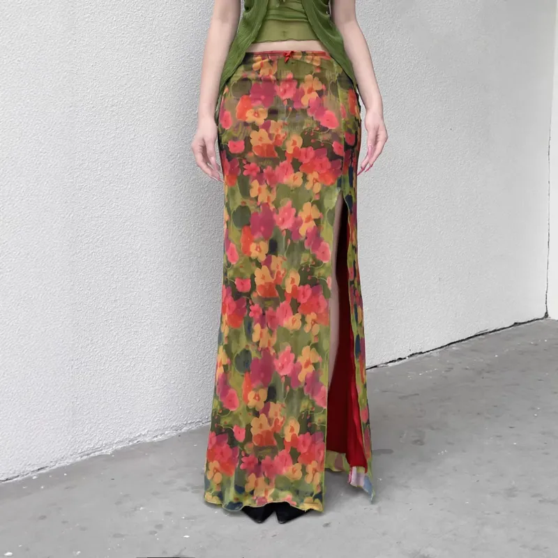 Damen Maxi-Rock mit floralem Chiffon-Design und seitlichem Schlitz – Valéora