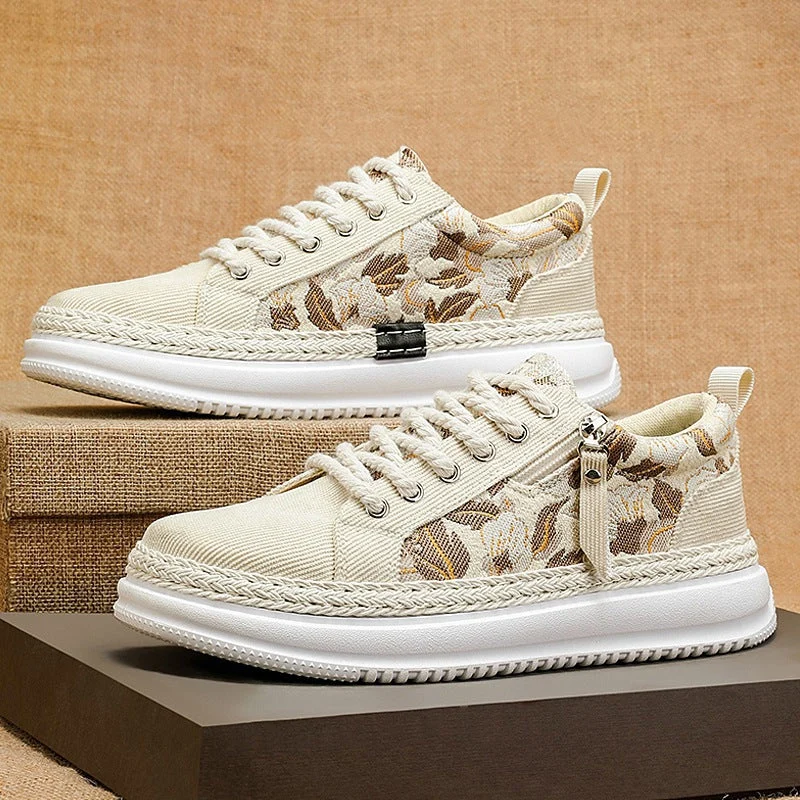 Damen gestickte Espadrille-Plateau-Sneaker mit floralem Jacquard, geflochtener Kordelsohle und gepolstertem Innenfutter – Névara