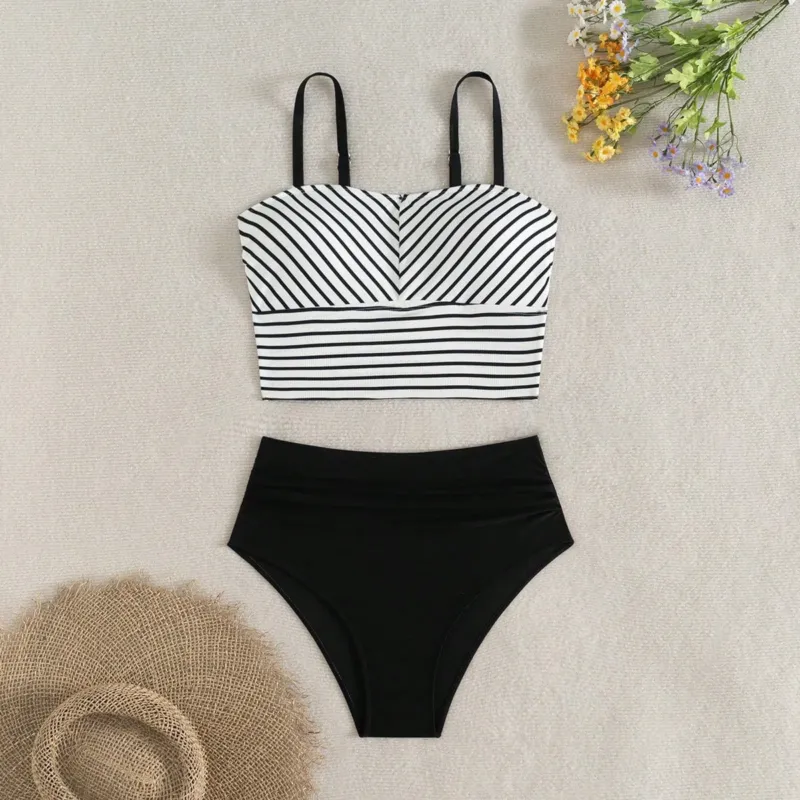Damen Hochgeschnittener Bikini mit gestreiften Crop-Oberteil – Maréssa