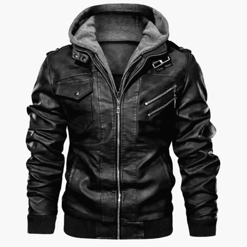 Herren Kunstleder-Bomberjacke mit Kapuzen-Inlay, Mehrfach-Reißverschlusstaschen und Rippbündchen Echoarchiv