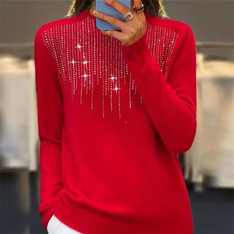Damen kuscheliger Feinstrickpullover mit dezentem Strass-Einsatz am Rundhalsausschnitt und geripptem Saum – Mavelle
