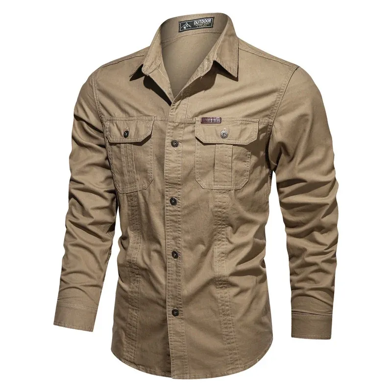 Herren robustes langärmliges Outdoorhemd aus Baumwoll-Twill mit aufgesetzten Klappentaschen und verdeckter Knopfleiste – Arvello