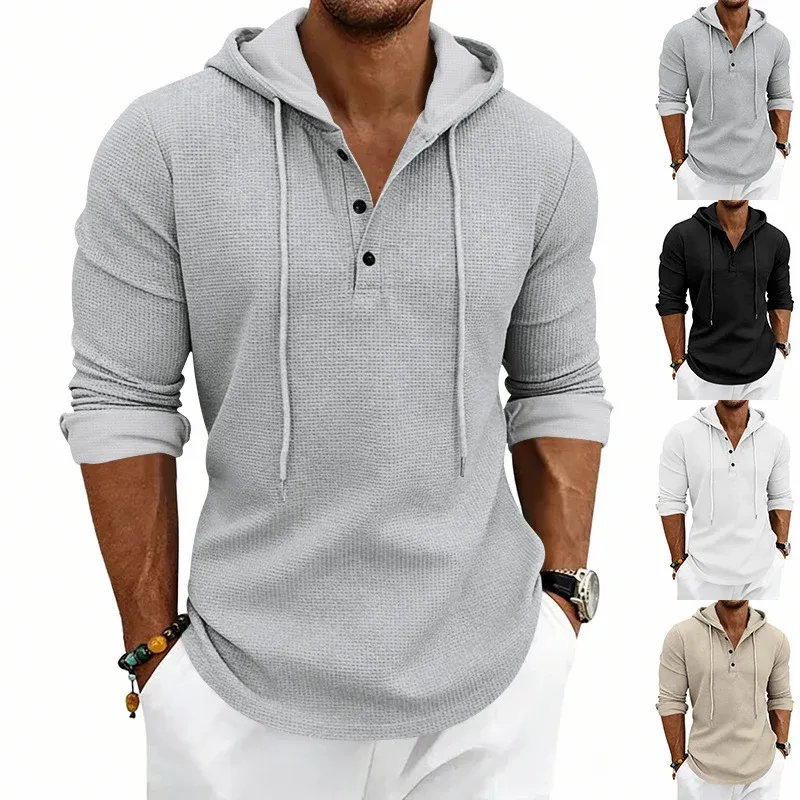 Herren lässiges Waffelstrick-Henley Kapuzenpullover mit Knopfleiste – Cavarno
