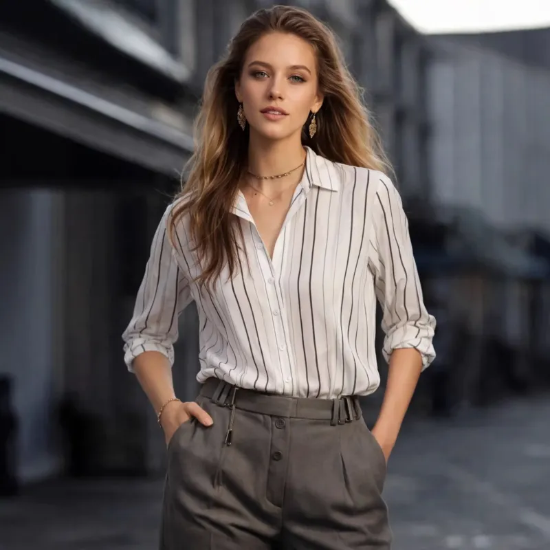 Damen Langarm-Bluse mit feinen Streifen und klassischem Kragen – Élovi