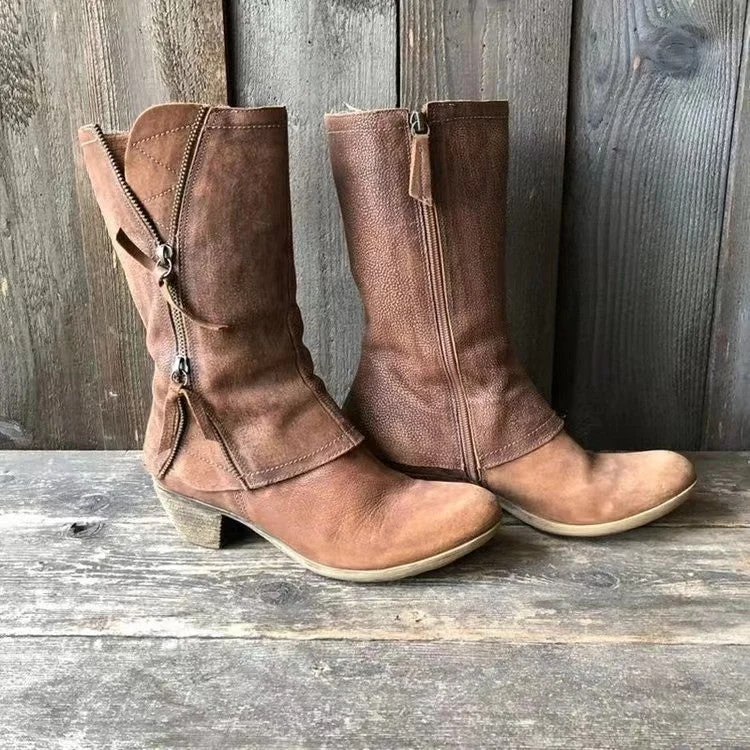 Damen Mid-Cut Stiefel aus vintage Leder mit seitlichem Reißverschluss und niedrigem Blockabsatz – Lioré