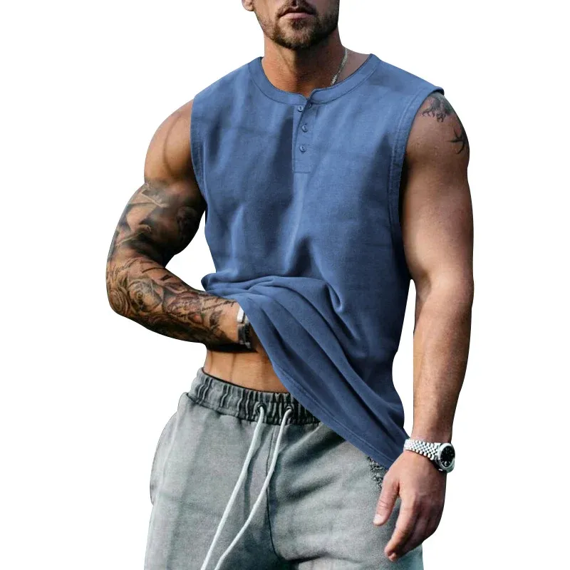 Herren ärmelloses Henley-Shirt mit Knopfleiste und weichem Baumwollmix – Marzano