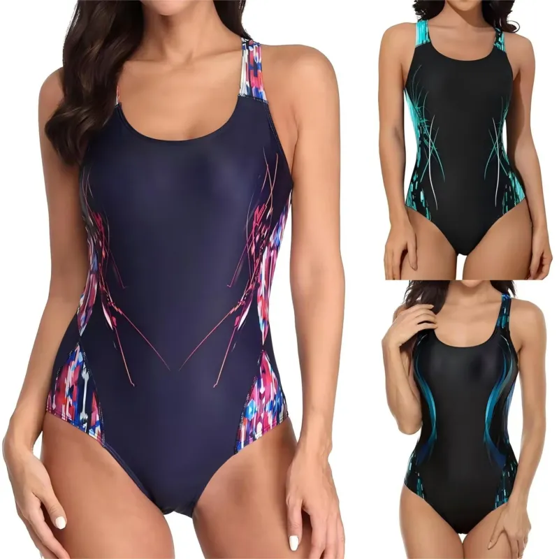 Damen Sportlicher Einteiler Badeanzug mit dynamischem Grafikdesign – Maréssa