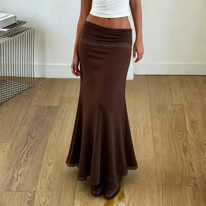 Damen Taillierter Midirock mit elastischem Bund und Spitzenbesatz – Rosévia