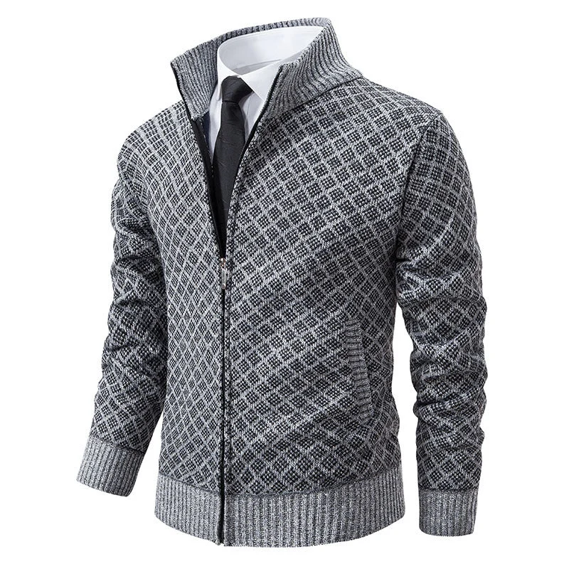 Herren Strickjacke mit Reißverschluss und modernem Rautenmuster – Terenzo