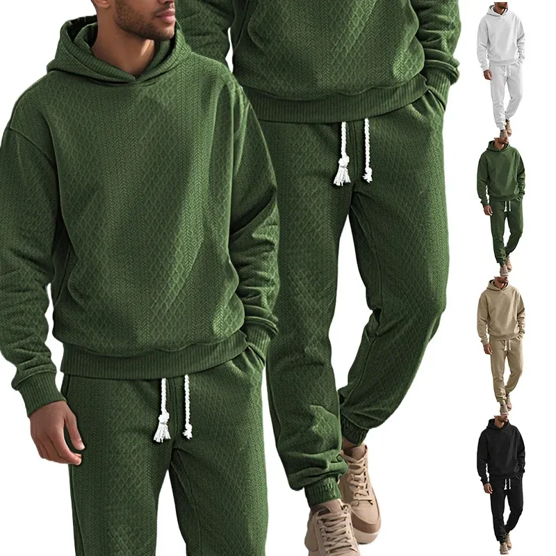 Herren strukturierter Velours-Jogginganzug mit Kapuzenpullover und Kordelzughose – Cavarno