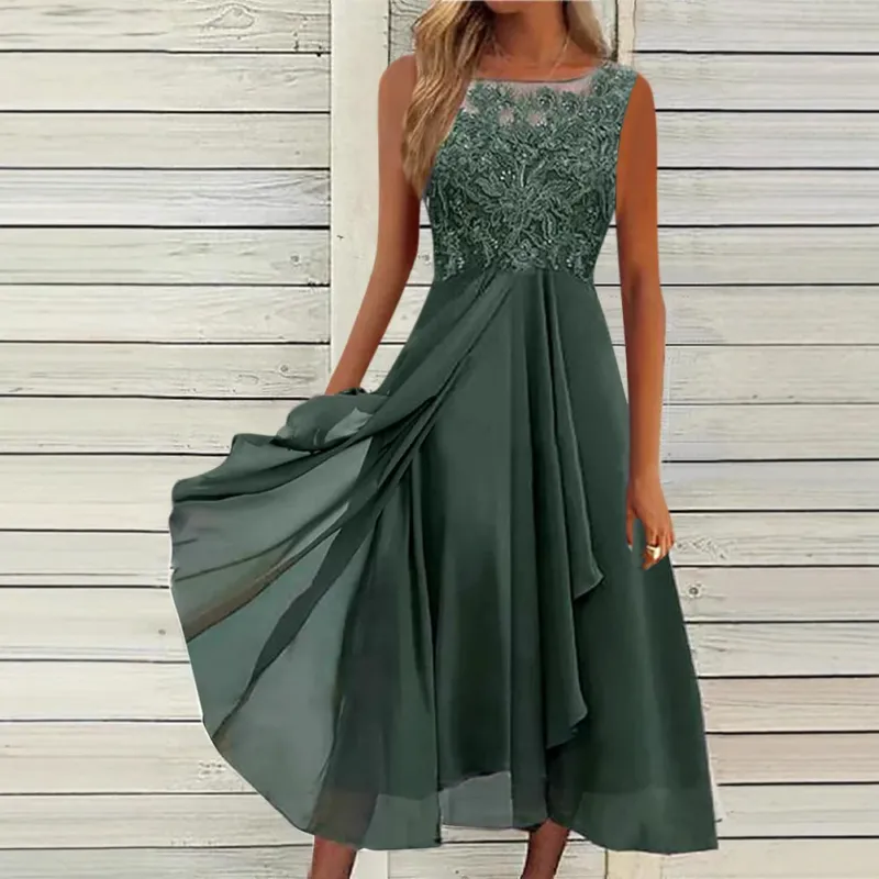 Damen ärmelloses Chiffon-Midikleid mit bestickter Illusionsspitze, Schiff-Ausschnitt und mehrlagigem Schwingrock – Élara