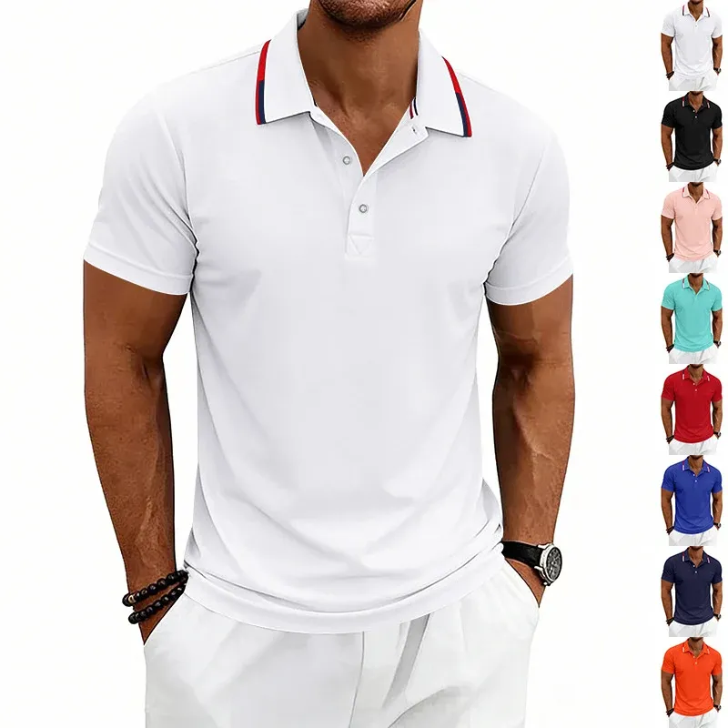 Herren tailliertes Kurzarm-Poloshirt mit Kontrastkragen aus atmungsaktivem Piqué – Cavello