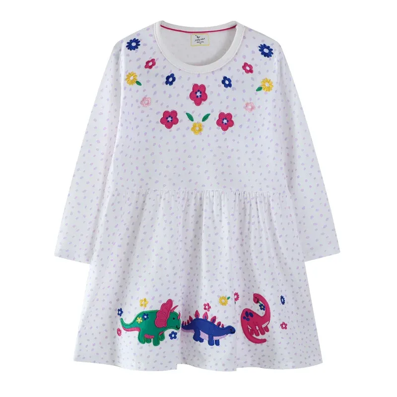 Mädchen Baumwollkleid mit buntem Dinosaurier- und Blumenmotiv