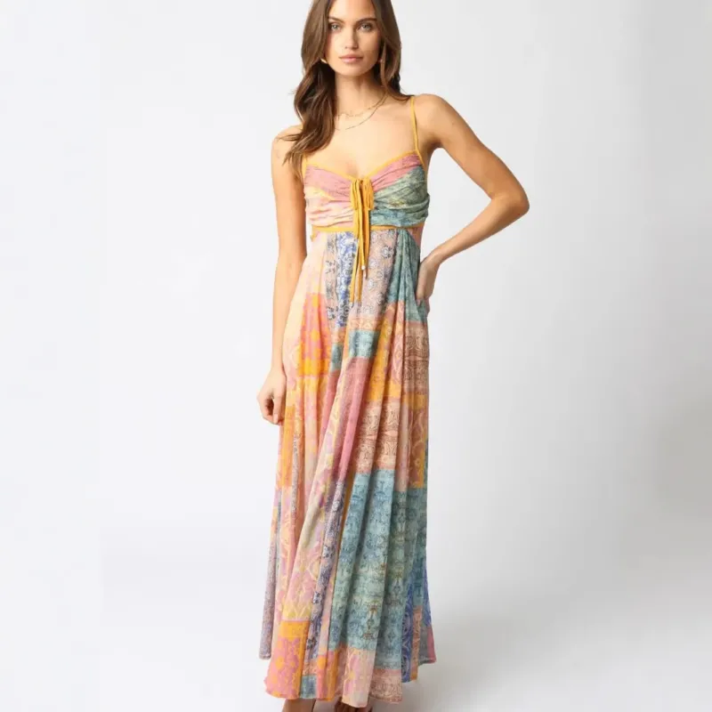 Damen bodenlanges Maxikleid mit gerafftem Bustier, Tunnelzug und Patchwork-Print – Valéora