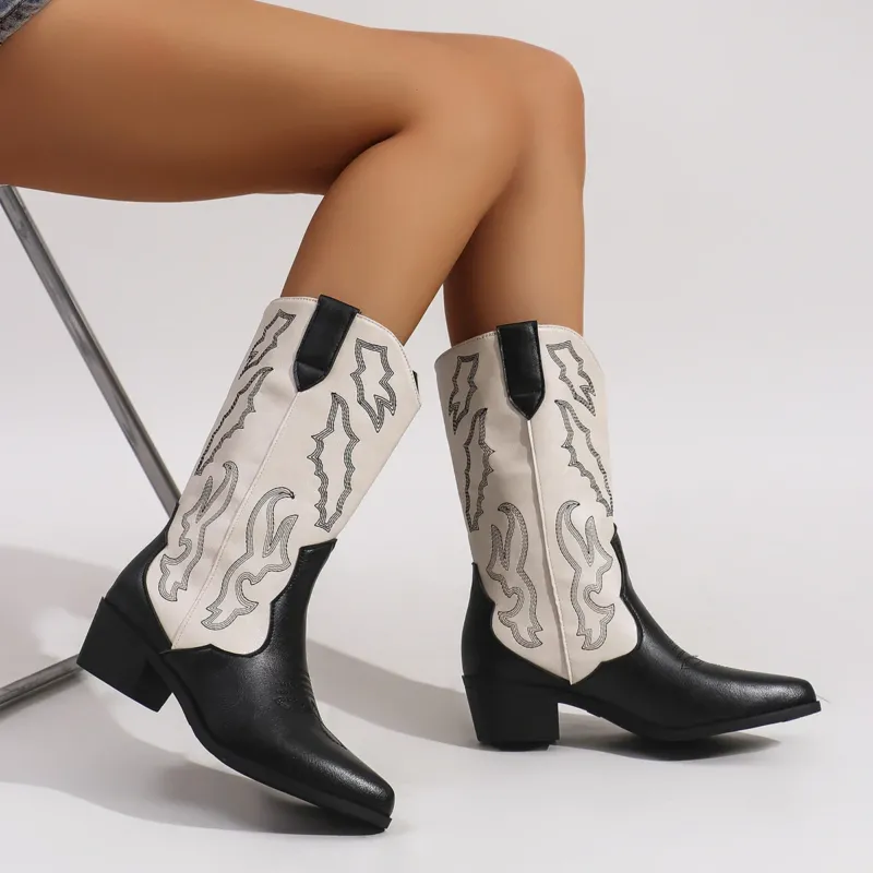 Damen Cowboystiefel im Westernstil mit mittelhohem Blockabsatz spitzer Zehenkappe und dekorativer Stickerei – Lioré