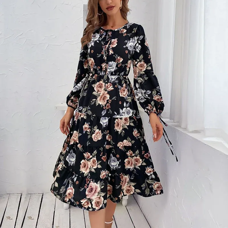 Damen Blumiges Stufen-Midikleid mit Taillenschnürung und Ballonärmeln – Élara