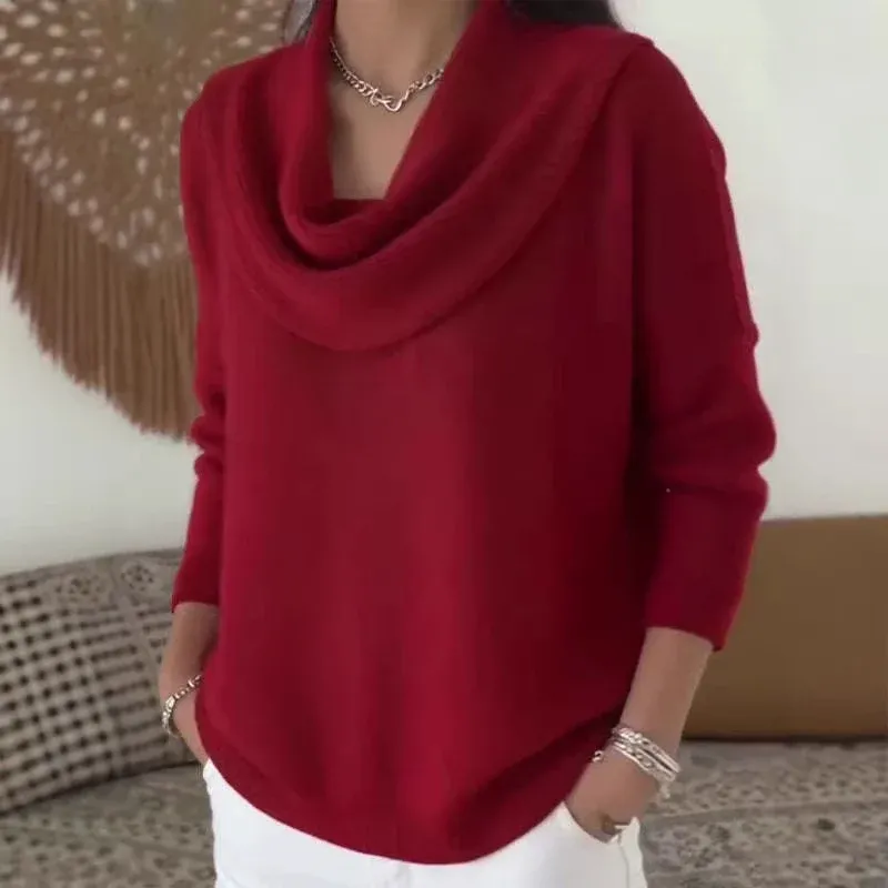 Damen fein gestrickter Pullover mit Wasserfallkragen und geripptem Saum – Mavelle