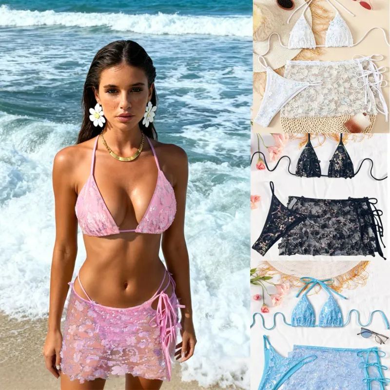Damen Blumenmuster Triangel-Bikini mit transparentem Überrock – Maréssa
