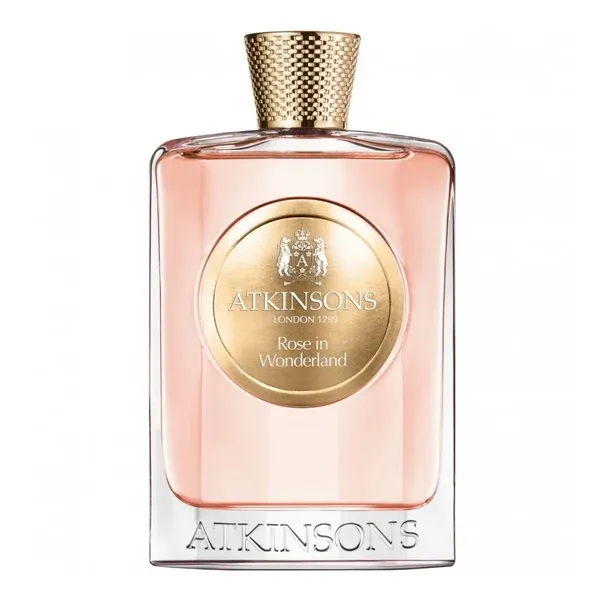 Atkinsons 1799 - Rose in Wonderland Parfumflakon mit zart rosafarbener Flüssigkeit und goldenem Verschluss elegant gestaltet