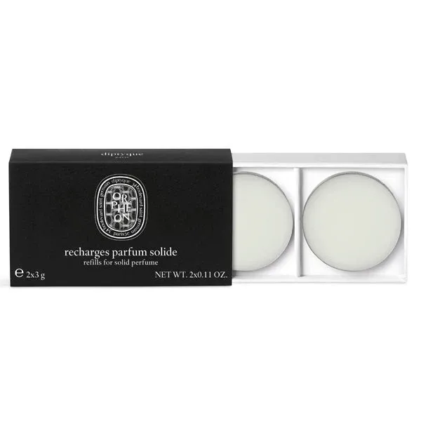 Diptyque - Orpheon - Solid Perfume - Refill Nachfüllpads in schwarzer Verpackung mit weißer Creme minimalistisch dargestellt