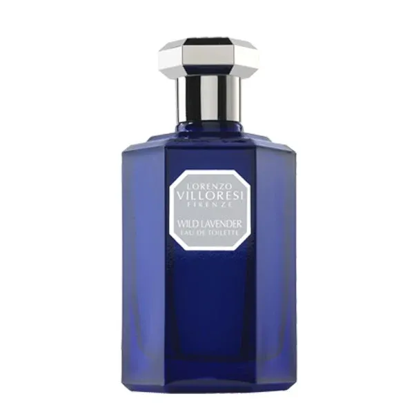 Lorenzo Villoresi - Wild Lavender Eau de Toilette im facettenreichen blauem Glasflakon mit silbernem Verschluss vor weißem Hintergrund
